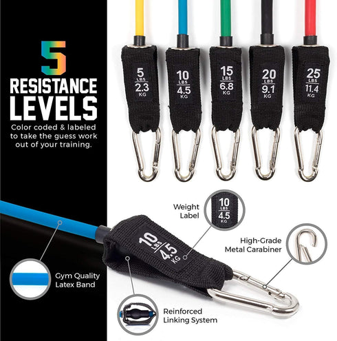 Resistance Bands Set (12 Piece) - Includes Door Anchor, Ankle, Wrist Strap, Exercise Guide and Carrying Bag
