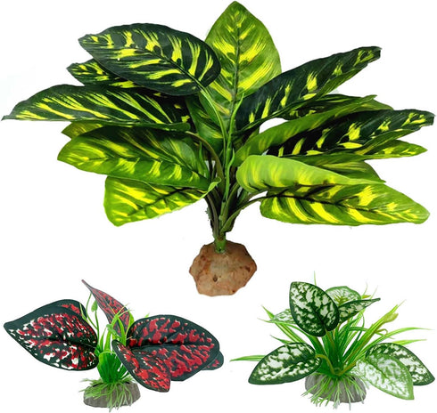 Reptile Artificial Plants, Terrarium Decorations for Aquarium Fish Tank, Amphibian Habitat Accessories (L Set-3pcs/B)