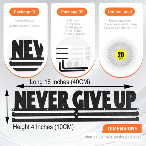 16" Never GIVE UP Race Bib Medal Hanger Holder Display Wall Rack in Long-Medal Hanger Awards Ribbon
