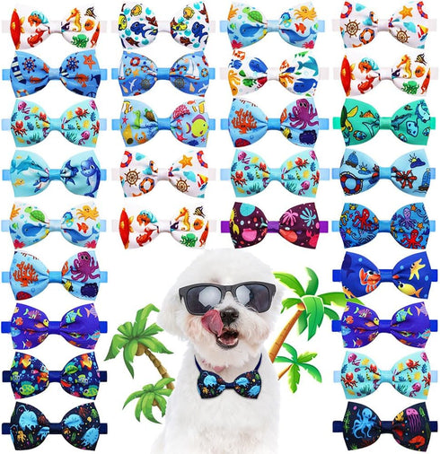 20pcs Ocean-Themed Dog Bow Ties for Small Medium Dogs, Adjustable Pet Bowtie Collar Charms, Sea Pattern Necktie for