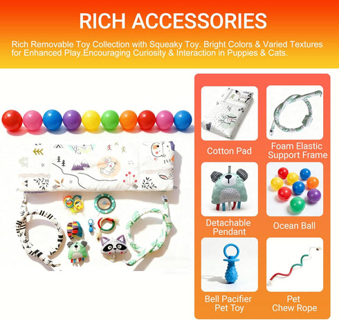Puppy Play Gym & Cat Activity Mat,with Interactive Cat & Dog Toys,Multi - Functional Gym for for Fun, Exercise & Rest