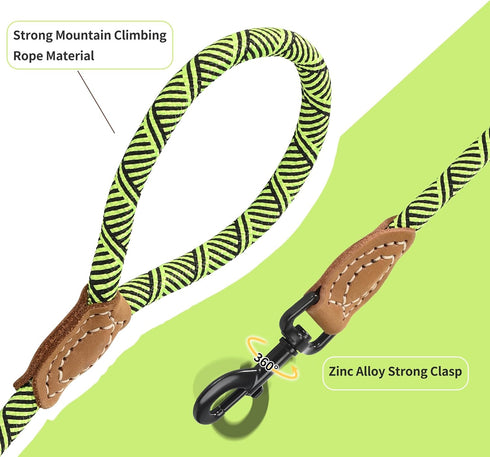 Mile High Life Mountain Climbing Dog Rope Leash - Heavy Duty Metal Clasp, Genuine Leather, Lime Green