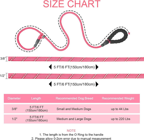 Slip Lead 6 FT for Medium and Large Dogs, Heavy Duty No Pull Reflective Nylon Dog Training Leash, Pink Color