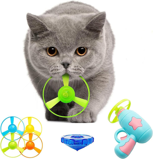 7 Piece Cat Fetch Toys, Interactive Flying Toy with 5 Propellers and 1 Spinning Top for Cats