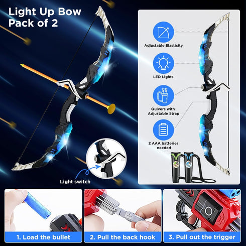 VATOS 2 Pack Bow and Arrow Toy - Light Up Archery Toy with Cup Suction Target & Dart Board for Indoor Outdoor Activity