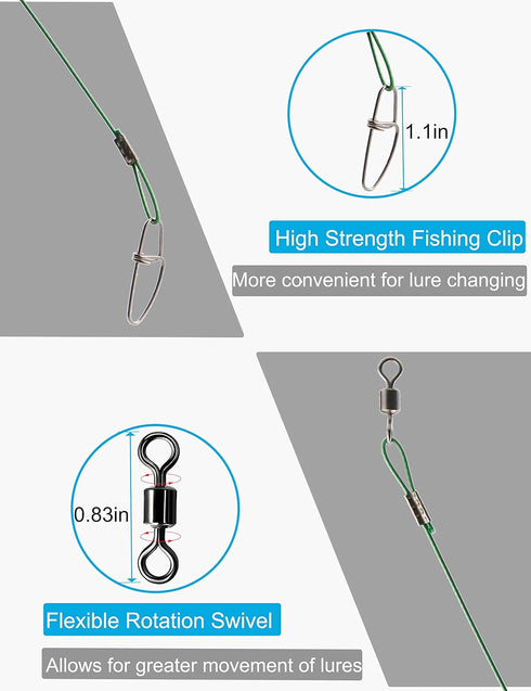 Fishing Leaders Line, 125LB Steel Leaders with Swivels and Snaps, 19.68in for Saltwater Fishing