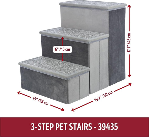 TRIXIE Velour 3-Step Pet Stairs with Storage, Collapsible, Gray, Storage Compartments for Pet Toys