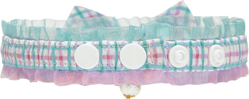 Blueberry Pet Green Plaid Breakaway Bowtie Cat Collar, Handmade Bow Tie and Pearl Charm, Neck 8.5"-12"