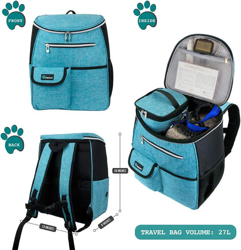 PetAmi Airline Approved Dog Travel Backpack - Teal Blue with Food Container and Collapsible Bowls