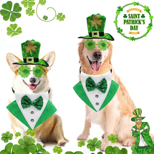 3PCS St. Patrick's Day Pet Costume Dog Top Hat Irish Tuxedo Bandana Green Collar Scarf Shamrock Sunglasses Kit Leprechaun Outfits for Medium Large Dogs Irish Party Lucky Dress Up Accessories