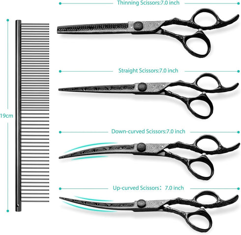 Tips,5 1 Set Dog Grooming Scissors,Black with Safety Round in Curved Dog Scissors for Grooming,Professional Pet