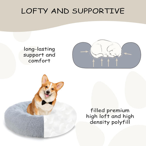 23'' Calming Dog Bed, Plush Anti-Anxiety Round Washable Pet Bed for Small Dogs, Cozy Soft Grey Marshmallow Cuddler