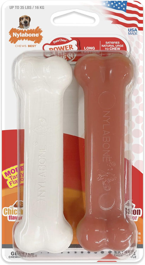 Nylabone Original Bone Power Chew Toy for Dogs, Medium 2 Pack - Durable for Aggressive Chewers, Bacon & Chicken Flavor