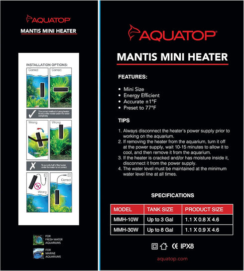 Aquatop 30W Mantis Mini Aquarium Heater, Fully Submersible for Nano Fish Tanks Up to 10 Gallons, Electric Thermostat