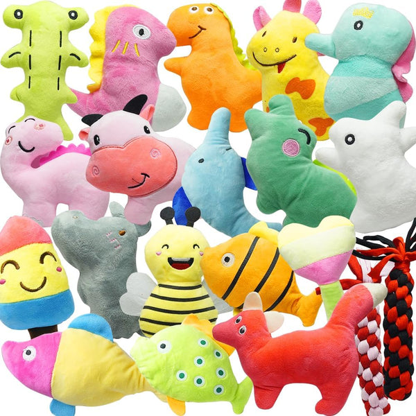 Cute Animal Designs Soft Dog Squeaky Toys (Pack of 20) for Small and Medium Dogs