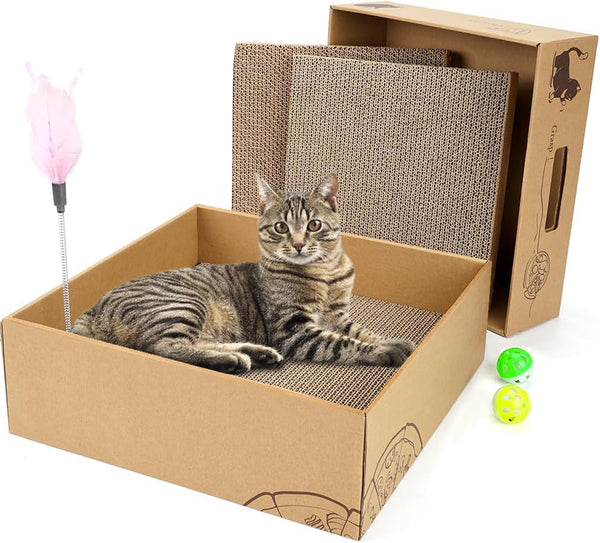 2 Pack Cat Scratcher Box with 3 PCS Scratching Pads, Reversible Cardboard Lounge Bed with Feather Toy