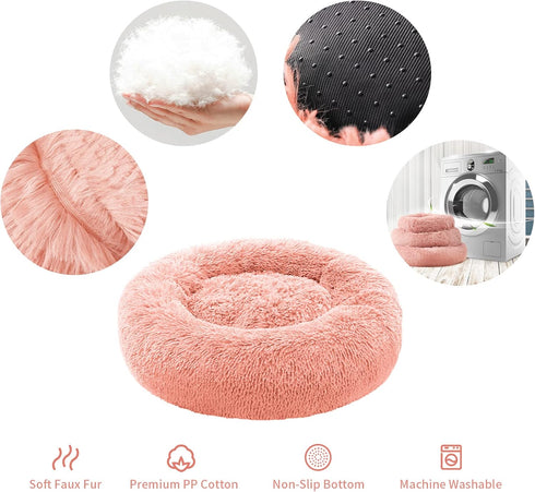 Calming Dog Bed for Small Dogs & large Cat, Anti Anxiety Donut Cat Bed for Indoor Cats, Round Cat Bed, Cozy Soft Puppy Bed, Fluffy Kitten Bed, Plush Pet Bed, Machine Washable, 20x20inch Pink