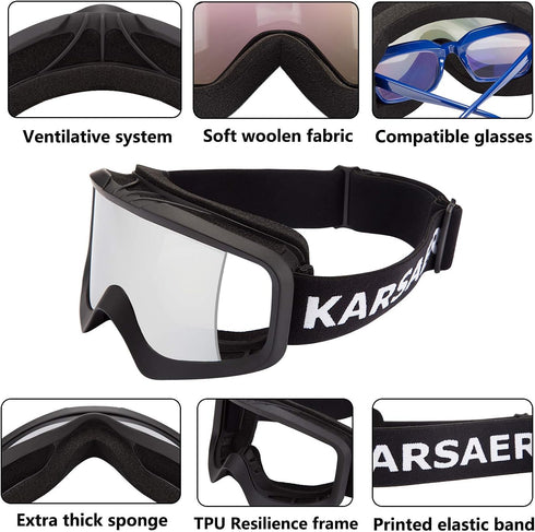 Karsaer Ski Goggles, Anti-Fog Snowboard Goggles with 100% UV Protection for Men Women Youth