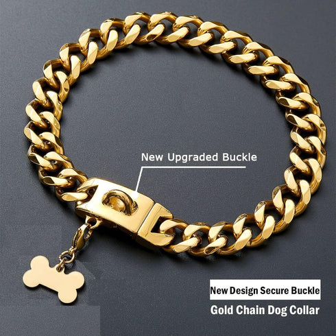 Gold Dog Chain Collar with Secure Buckle & ID Tag, 18K Cuban Link Heavy Duty Chew Proof for Large Dogs (20'', 19MM)