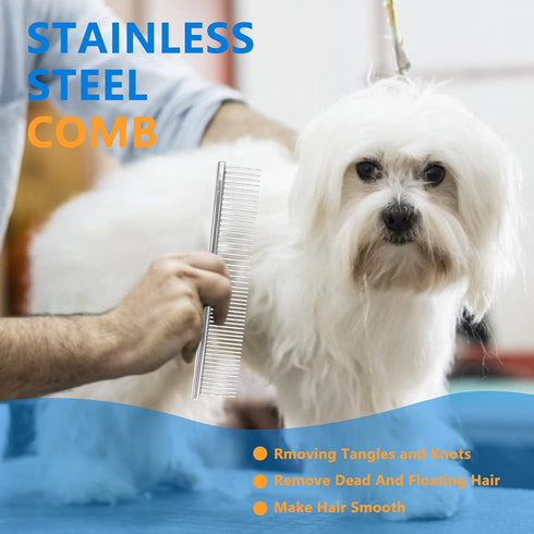 Stainless Steel Pet Shedding Comb - Grooming Comb with Different Spaced Rounded Teeth, Wide Trimmer Comb (Silver)