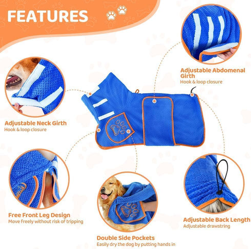 2XL) SlowTon Dog Bathrobe Drying Coat Super Absorbent Microfiber Towel Wrap with Adjustable Collar & Belly Strap, Fast