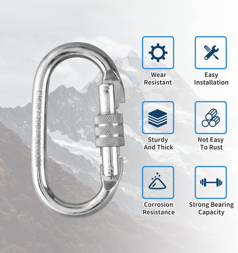Oval Indoor Outdoor Climbing Carabiner, Screw Locking Heavy Duty Safety Caribeener Clips, 25 KN (5600 LBS) for Hammock, Rope, Hiking, Camping by EMEKIAN