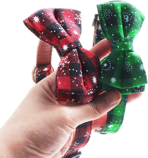 KUDES 2 Pack Christmas Snowflake Dog Collars, Breakaway with Bow Tie and Bells for Cats and Small Pets (Red & Green)