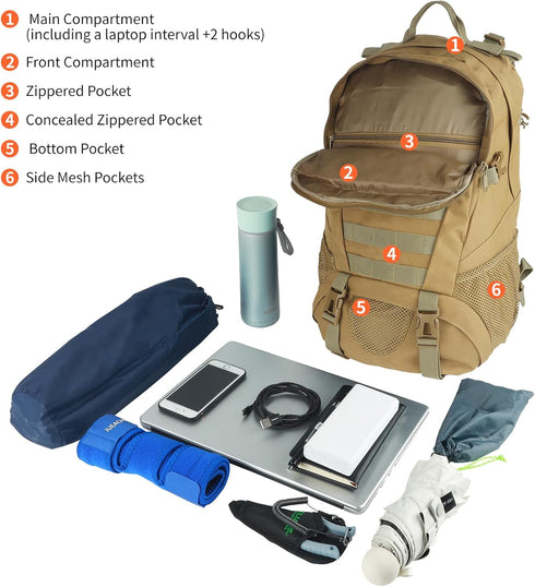Jueachy Tactical Backpack for Men, Waterproof 30L Hiking Day Pack Molle Military Rucksack with USA Flag Patch