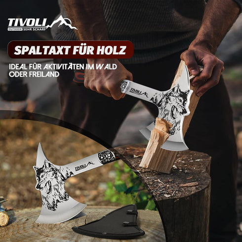 TIVOLI Camping Hatchet, Full Tang Hand Axe with Nylon Sheath, Gift Box, Viking Axe for Outdoor Wood Splitting, Adventure
