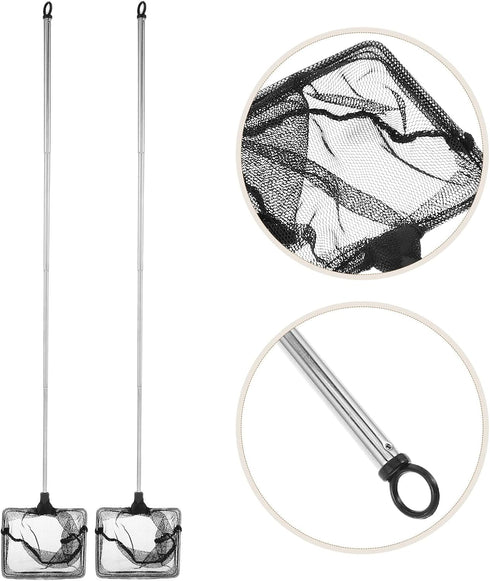 2pcs Toyvian Aquarium Net with Extendable Stainless Steel Handle Square Telescoping Fish Catching Net for Fish Tank
