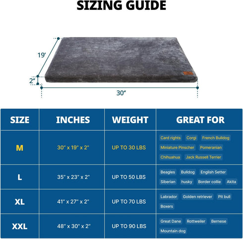 Memory Foam Dog Crate Pad, Medium 30-inch, Grey Orthopedic Pet Bed Mat with Waterproof Lining, Removable Washable Cover