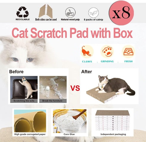 8 Packs in 1 Cat Scratch Pad, Reversible Durable Cardboard Cat Scratcher, Premium Scratch for Cats to Rest and Play