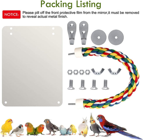 BWOGUE 7 Inch Bird Mirror with Rope Perch, Cockatiel Mirror for Cage Bird Toys, Swing Parrot Cage Toys