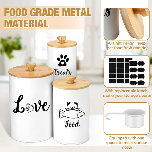 Reallnaive Set 3 Counter(White) Metal Airtight Cat Treat Container of with Bamboo Lids and Spoon Cat Food Storage