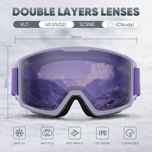 Ski/Snowboard Goggles - 100% UV Protection for Men, Women & Youth, OTG