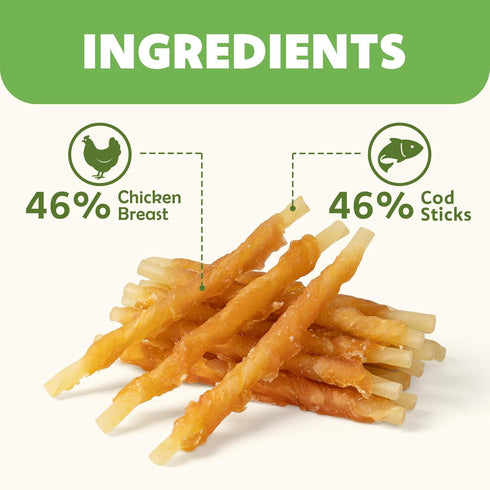 MON2SUN (8.82 -Pack 1) Rawhide Free Dog Treats Chicken Wrapped Cod Sticks for Small Dogs Healthy Training Treats Soft