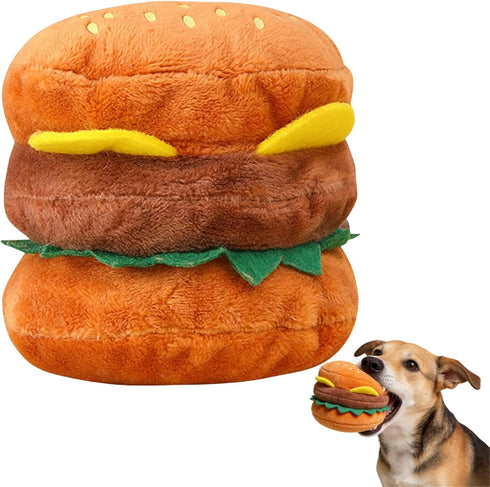 Essivox Plush Dog Toy, Squeaky Hamburger Shape, Soft Chewing Toy for Dogs and