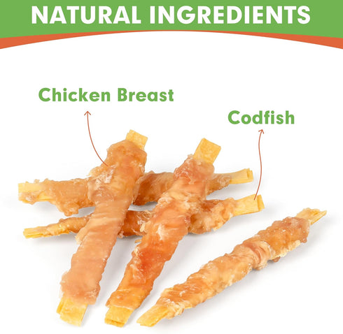 MON2SUN 4 Inch 10.58oz (30 Count-Pack 1) Rawhide Free Dog Treats, Chicken Wrapped Cod Fillet Dog Snacks for Small Dogs