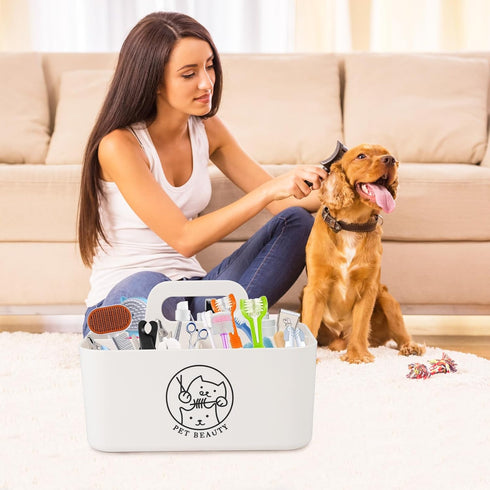 5 Minimalist White Dog Cat Grooming Supplies Organizer, Portable Caddy with Compartments