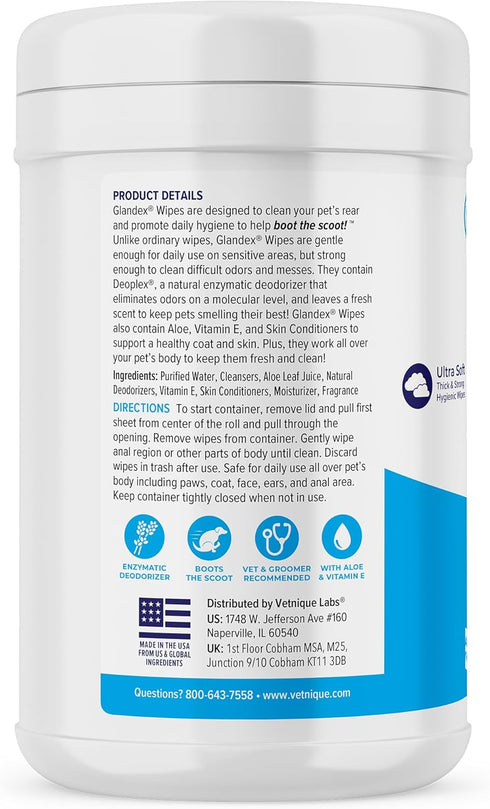 Vetnique Labs Glandex Dog Wipes for Pets Cleansing & Deodorizing Anal Gland Hygienic Wipes for Dogs & Cats with Vitamin E, Skin Conditioners and Aloe (75ct)