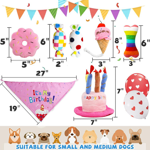 Dog Birthday Toys - Happy Birthday Gift for Dogs, Squeaky Plush Cake Hat Bandana for Small & Medium Dog Birthday Party