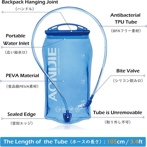 TRIWONDER BPA Free Hydration Bladder, 1L Water Reservoir for Bicycling Hiking Camping Backpack