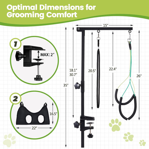 Dog Grooming Table Arm with Hammock - 35" Height Adjustable Arm with Clamp, Ideal for Small & Medium Pets