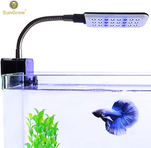 SunGrow LED Aquarium Light for Fish Tank - 24 LEDs, White & Blue Adjustable 360° Flexible Metal Arm