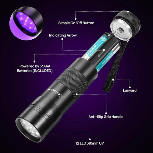 UV Flashlight Black Light, Consciot 12 LED 395nm Portable Mini Torch for Pet Urine Detection