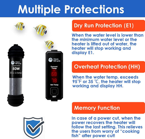 AquaMiracle Upgraded 50W Small Aquarium Heater, Mini Heater with Dry-Run Protection for 5-10 Gal