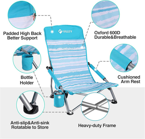 VILLEY Low Beach Chair, High Back Folding Chair for Adults, Lightweight and Portable for Outdoor, Camping, Lawn, Music