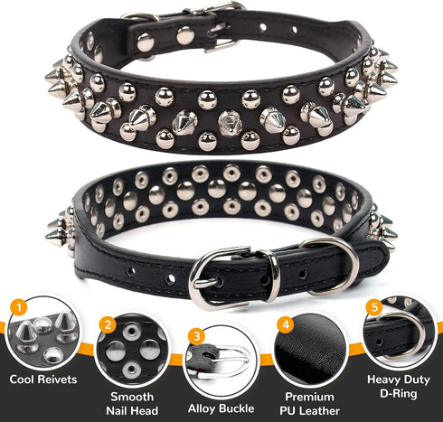 PETCARE Spiked Dog Collar, Black Soft PU Leather with Funny Mushrooms Rivet, Adjustable for Small to Large Dogs