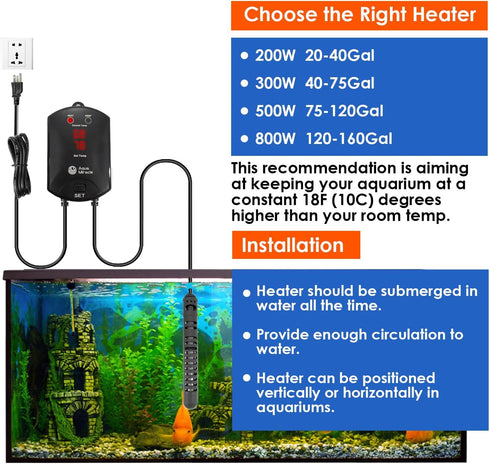 AquaMiracle 500W Aquarium Heater with Dry-Run Protection and LED Digital Display for Tanks 75-120 Gallons