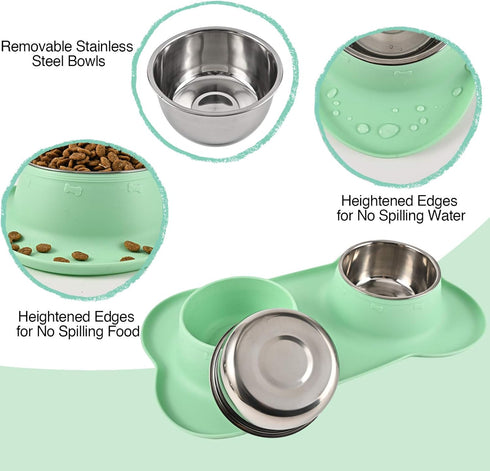 Dog Bowls 2 Stainless Steel Bowls for Pet Water and Food Feeder with Non-Spill Skid Resistant Silicone Mat